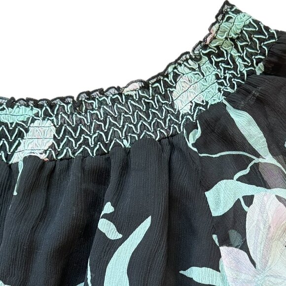 Maeve Silk Paola Swing Dress Oversized Black Chiffon Floral Off Shoulder Mini - Picture 8 of 13